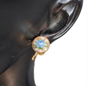 Vintage 1950s Hand-Painted Blue Rose Porcelain Screw Back Earrings